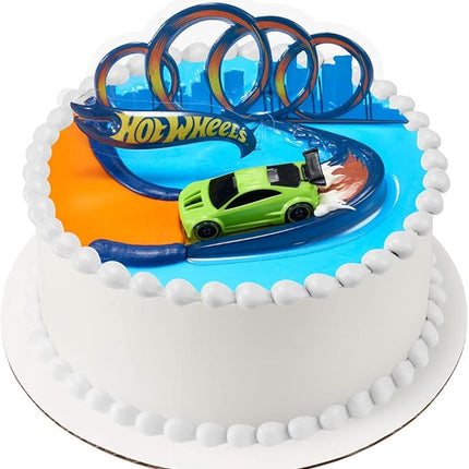 DecoSet® Hot Wheels Drift Birthday Cake Decorations, 2-Piece Topper with Race Car and 3D Racetrack Plaque, Create Action-Packed Racing Cakes for Birthdays and Parties