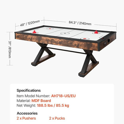 VEVOR 84" Air Hockey Table, Indoor Arcade Table Gaming Set with 2 Pushers, 2 Pucks, Electronic Scorer, X-Shaped Legs & High-Powered Blower, Air Powered Hockey Game Table for Family Game Room Office