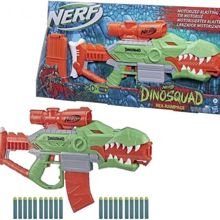 Nerf DinoSquad Rex-Rampage Motorised Blaster, 10-Dart Clip, 20 Darts, T-Rex Dinosaur Design, 8.6 x 61 x 34 cm