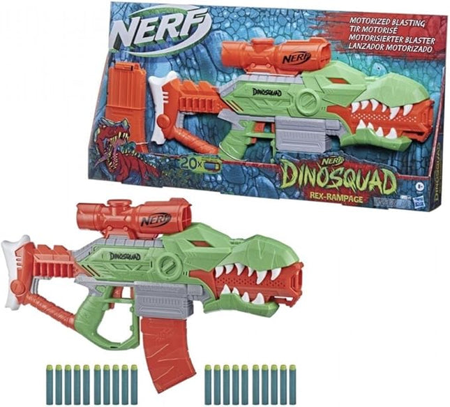 Nerf DinoSquad Rex-Rampage Motorised Blaster, 10-Dart Clip, 20 Darts, T-Rex Dinosaur Design, 8.6 x 61 x 34 cm