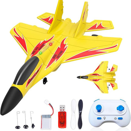 Foam Remote Control Wireless Airplanes RC Planes, Remote Control Fighter Toys, 2CH 2.4Ghz RC Fighter Jet with Light, Hobby Rc Airplanes Easy to Fly for Kids Boys Adults(Yellow)
