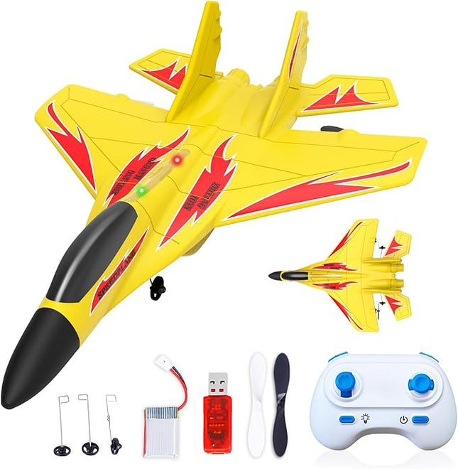 Foam Remote Control Wireless Airplanes RC Planes, Remote Control Fighter Toys, 2CH 2.4Ghz RC Fighter Jet with Light, Hobby Rc Airplanes Easy to Fly for Kids Boys Adults(Yellow)