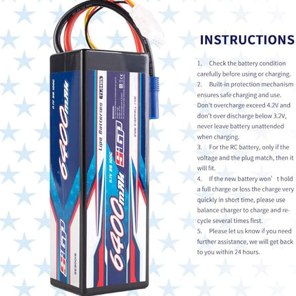 3S 11.1V Lipo Battery 6400mAh 100C Hard Case with EC5 Plug for RC Car Truck Boat Vehicles Tank Buggy Racing Hobby 2 Packs