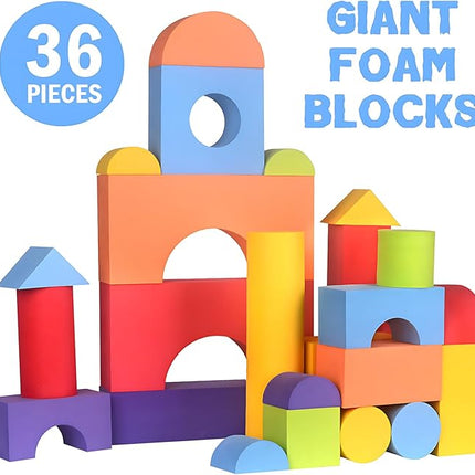 Migargle 36 Pieces Large Foam Building Blocks for Toddlers, EVA Soft Stacking Blocks, Baby Bath Foam Toy Set, Early Learning Construction Toys & Gifts for Kids, Boys & Girls