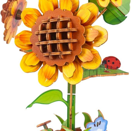 3D Wooden Flower Puzzles for Adults Sunflower, DIY Artificial Flower Building Set Wooden Bloom Craft Kits Home Decoration, for Women Mom Birthday Thanksgiving Christmas Valentine's Day