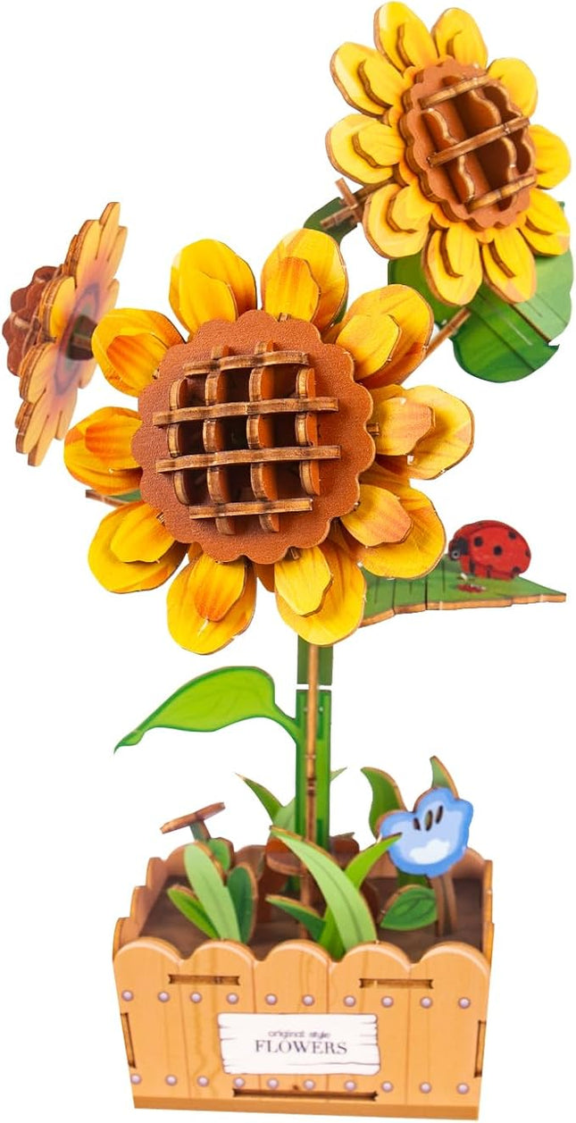 3D Wooden Flower Puzzles for Adults Sunflower, DIY Artificial Flower Building Set Wooden Bloom Craft Kits Home Decoration, for Women Mom Birthday Thanksgiving Christmas Valentine's Day
