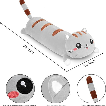 AFAN Cute Long Cat Plush Kawaii 34”Body Pillow Cat Stuffed Animals Soft Plushies Cuddly Cotton Kitten Sleeping Pillow Back Cushion Stuffed Plush Doll Toy Gift for Kids Girlfriend （Grey）