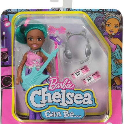 Barbie Chelsea Can Be Playset with Brunette Chelsea Rockstar Doll (6-in), Guitar, Microphone, Headphones, 2 VIP Tickets, Star-Shaped Glasses, Great Gift for Ages 3 Years Old & Up