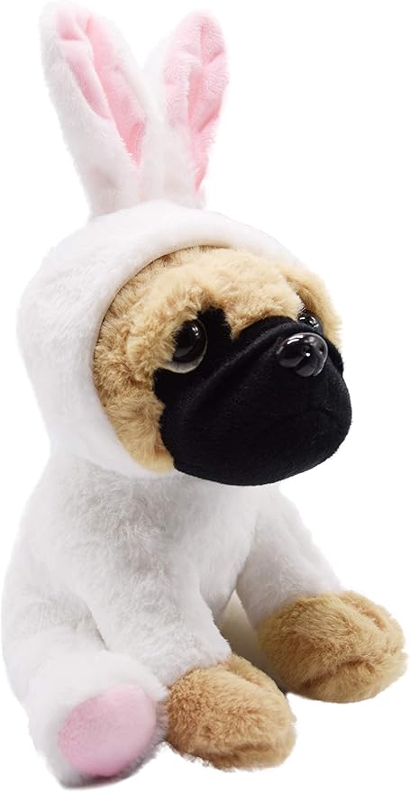 BABOLI Cuddly Pug Stuffed Animals Soft Toys with Adorable Bunny Costumes Super Cute Puppy Dog Plush Animal for Easter Basket and Birthday Gifts 10 Inches