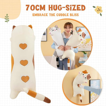 Cat Plush Stuffed Animals Cute Long Cat Body Pillow Plushies Soft Huggable Kitty Pillows for Girls Kids Adults Cat Lovers (New Beige, 27inch)