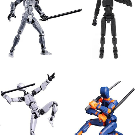 4-Pack Mini Action Figures Set - Assembled Robot Anime Figures with Movable Joints - Fidget Toys for Boys and Girls (Grey, Transparent, Blue, Black)