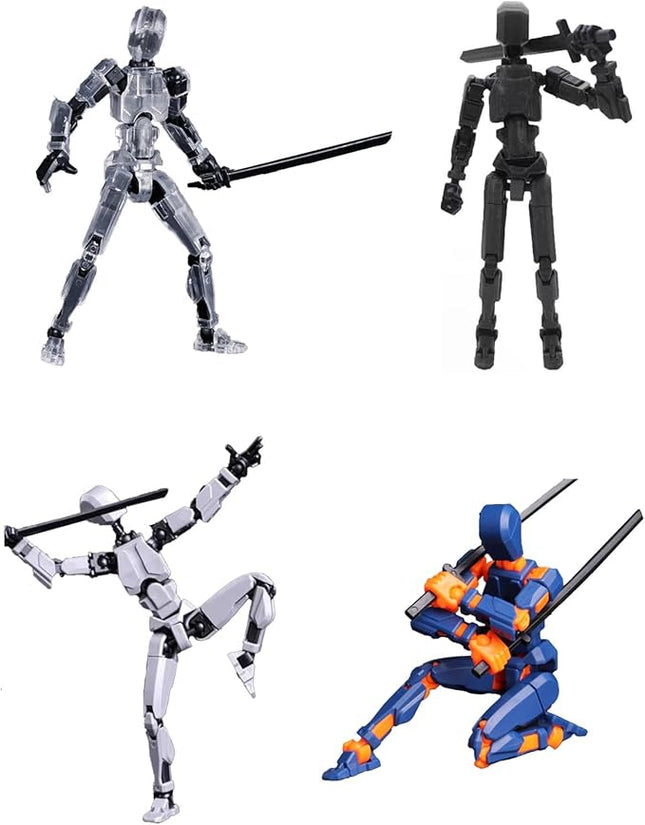 4-Pack Mini Action Figures Set - Assembled Robot Anime Figures with Movable Joints - Fidget Toys for Boys and Girls (Grey, Transparent, Blue, Black)