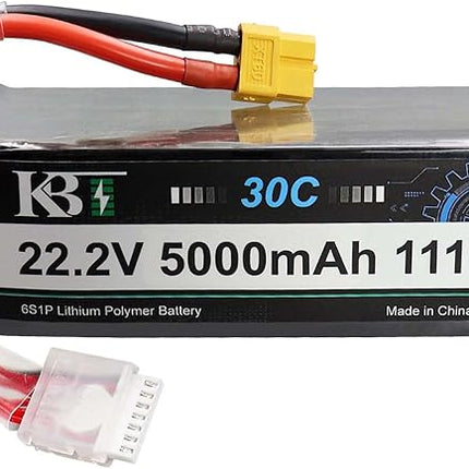KBT 6S 5000mAh LiPo High Discharge Rate Battery Soft Pack 22.2V 30C Rechargeable Lithium Polymer Battery with XT60 Connector for RC Car Drone Boat Truck Racing Quadcopter Helicopter