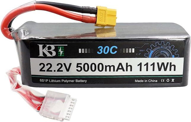 KBT 6S 5000mAh LiPo High Discharge Rate Battery Soft Pack 22.2V 30C Rechargeable Lithium Polymer Battery with XT60 Connector for RC Car Drone Boat Truck Racing Quadcopter Helicopter