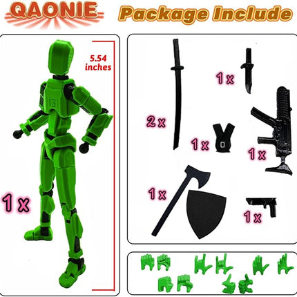 (Assembly Completed) 3D Printed Figure 5.54-inch Dummy13 with Weapon Expansion Set, Full Body Mechanical Movable Toy, Desk Decoration. (Green)