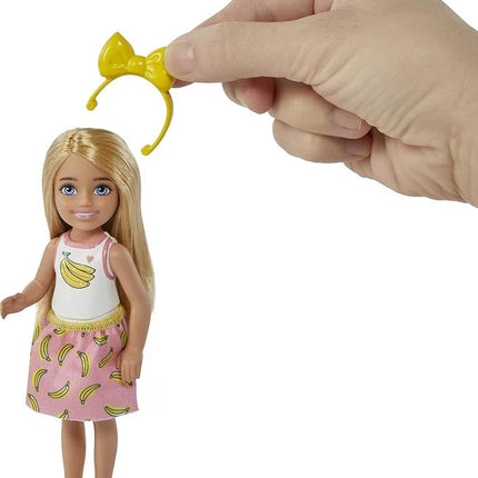Barbie Chelsea Doll & Accessories, Blonde Small Doll with Removable Banana-Print Skirt, Puppy, Pet Bed & More