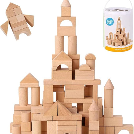 Pidoko Kids Wooden Blocks - 100 Pcs - Building Blocks for Toddlers - Includes Storage Container with Shape Sorter Lid - Natural Beech Wood Blocks - Preschool Learning Toys Stacking Block
