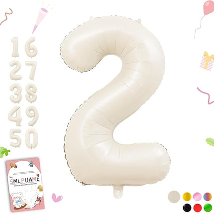 Smlpuame 40 Inch Beige Number 2 Balloons for 2nd Birthday Decorations Boys Girl, Giant Self-Sealing Cream Foil Number 0-10 White Sand Balloon for Women Men Party Anniversary Baby Shower Supplies
