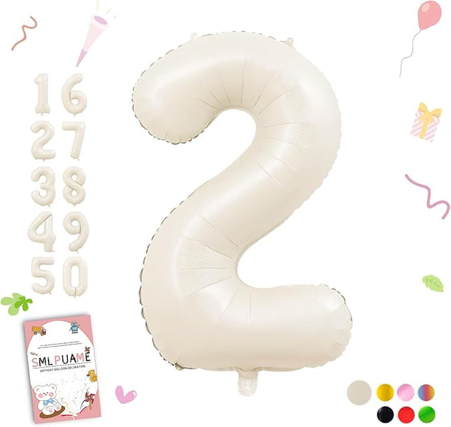 Smlpuame 40 Inch Beige Number 2 Balloons for 2nd Birthday Decorations Boys Girl, Giant Self-Sealing Cream Foil Number 0-10 White Sand Balloon for Women Men Party Anniversary Baby Shower Supplies