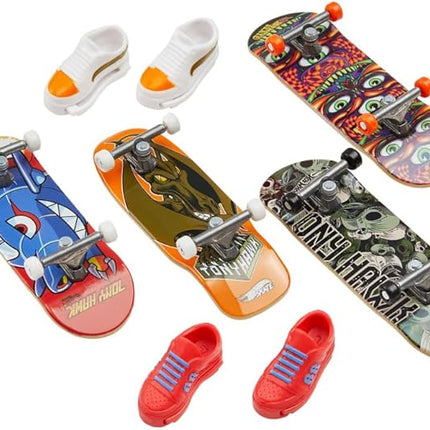 Hot Wheels Skate Tony Hawk Set of 4 Fingerboards & 2 Pairs of Removable Skate Shoes, Tricked Out Pack of Fully Assembled Boards, 1 Exclusive Set