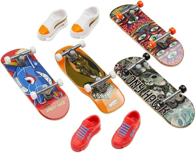 Hot Wheels Skate Tony Hawk Set of 4 Fingerboards & 2 Pairs of Removable Skate Shoes, Tricked Out Pack of Fully Assembled Boards, 1 Exclusive Set