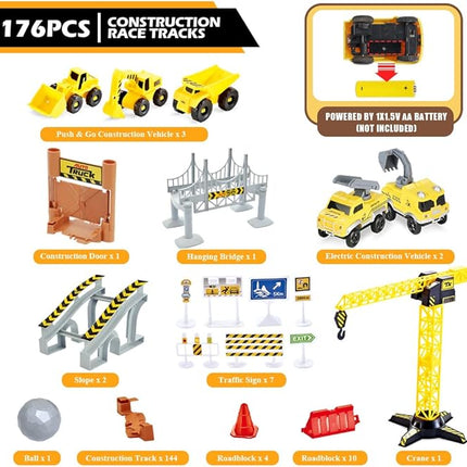 Construction Race Tracks Set, Flexible Train Tracks w/ 2 Electric Construction Race Vehicles w/Lights, STEM Engineering Race Track Toys with Dump Truck, Crane Assort Acessories for Boys Girls