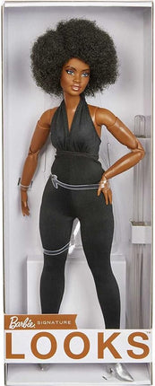 Barbie Signature Looks Doll (Curvy, Brunette) Fully Posable Fashion Doll Wearing Black Jumpsuit, Gift for Collectors