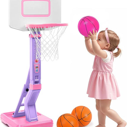 Toddler Pink Basketball Hoop Indoor Set for Age 1-3 2-4 3-5,Adjustable Mini Basketball Hoops for Outdoor Poolside Play,Sport Toys for Little Boys Girls Birthday Gifts