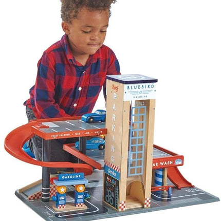 Tender Leaf Toys - Blue Bird Service Station - Classic Wooden Garage and Service Station for Cars and Helicopter with Ramps, Petrol Pumps and Car Wash Center - Imaginary and Roleplay for Children 3+