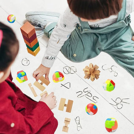 17 Pack Brain Teasers Puzzles for Kids & Adults, Brain Teasers Metal and Wooden IQ Toys Puzzle Mind Game 3D Coil Cast Wire Unlock Interlock Magic Ball Puzzles for Teenagers