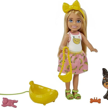 Barbie Chelsea Doll & Accessories, Blonde Small Doll with Removable Banana-Print Skirt, Puppy, Pet Bed & More