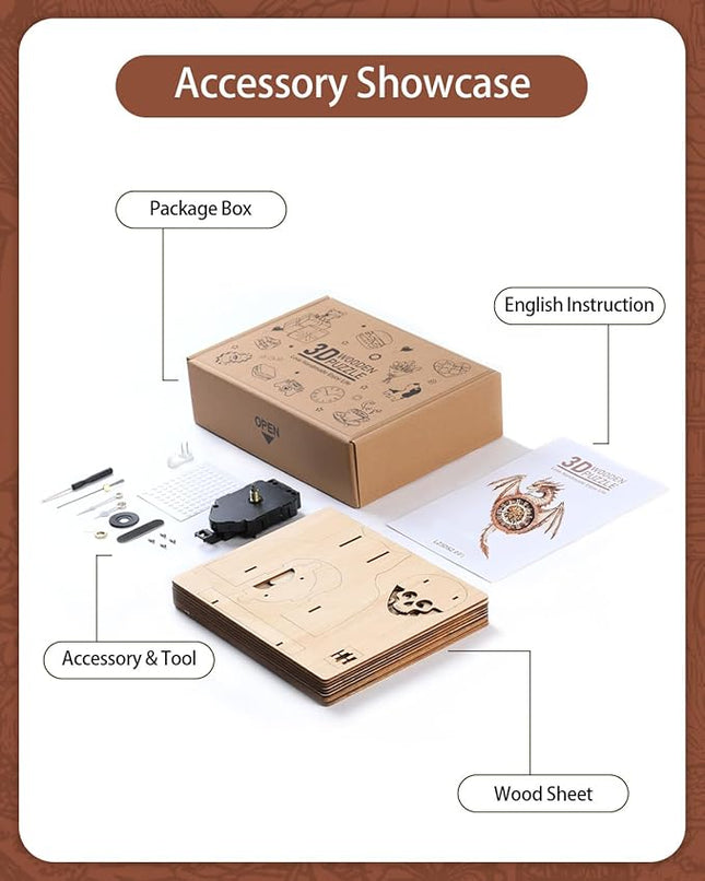 Rnfinewow 3D Wooden Puzzles for Adults, 3D Puzzle Dragon Clock Kit (with Pendulum), 3D Puzzles for Adults Home Decor Clock Crafts for Adult Christmas Day Puzzle Gifts for Men Women