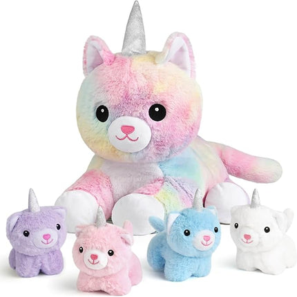 KMUYSL Toys for Ages 3 4 5 6 7 8+ Years - Plush Mommy Stuffed Animal with 4 Babies in Her Tummy, Soft Plush Toys Set, Christmas Birthday Gifts for Girls Boys Baby, Toddler, Kids (Unicorn Cat Toys)