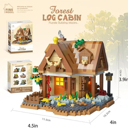 Cozy Mini Wood Cabin Micro Building Set with LED Light Wooden Forest House Block Toy with Tree Log Stem Houses Construction Model for Adults Teens Birthday Gift