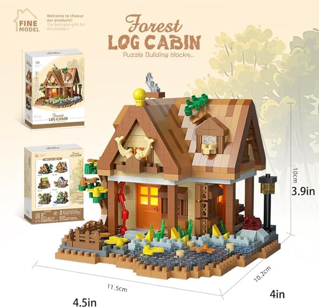 Cozy Mini Wood Cabin Micro Building Set with LED Light Wooden Forest House Block Toy with Tree Log Stem Houses Construction Model for Adults Teens Birthday Gift