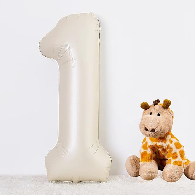 Smlpuame 40 Inch Beige Number 1 Balloon for 1st Birthday Decorations Boys Girls, Large Self Inflating Cream Foil Number 0-9 White Sand 1 Balloons for Women Men Party Anniversary Supplies Baby Shower