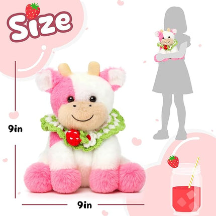 Hopearl Adorable Plush Cow Toy with Knitted Cute Strawberry Bib Floppy Dairy Cattle Soft Stuffed Animal Gifts for Boys Girls Kids Toddlers, Pink, 9''