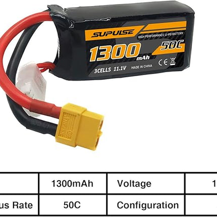 SUPULSE 11.1V 3S Lipo Battery 50C 1300mAh Soft Case Battery with T Plug and XT60 Plug for RC Airplane Helicopter RC Boat RC Car Truck(2 Packs)