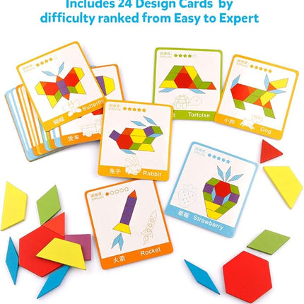 Coogam Wooden Pattern Blocks Set 130PCS Geometric Color Shape Manipulative Puzzle – Graphical Montessori Tangram Early Learning Educational Toys Brain Teasers STEM Gift for Kids with 24 Design Cards