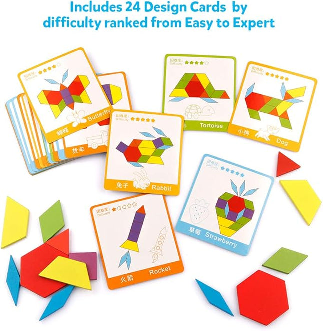 Coogam Wooden Pattern Blocks Set 130PCS Geometric Color Shape Manipulative Puzzle – Graphical Montessori Tangram Early Learning Educational Toys Brain Teasers STEM Gift for Kids with 24 Design Cards