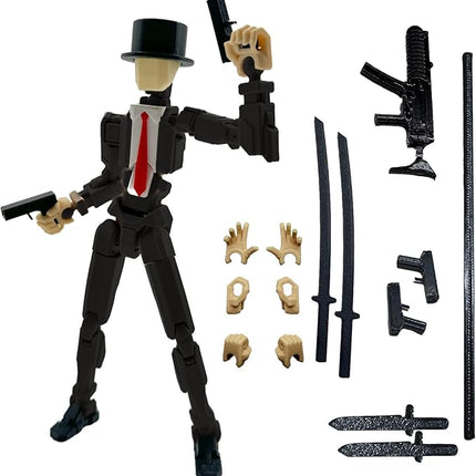 3D Printed 5.54-inch Multi-Jointed Action Figures Dummy13, Full Body Mechanical Movable Toy, Multiple Accessories, Hand Painted Figure, Desk Decoration, Creative Gifts (Y-Black Gentleman)