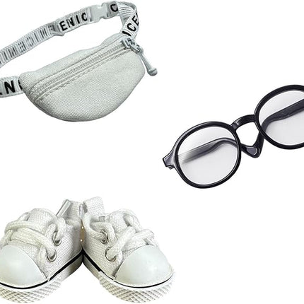 3pcs Doll Accessories Set Included Mini Glasses, Shoulder Bag and Canvas Shoes, Dress Up Accessories Replacement for 17cm Doll, Mini Costume Supplies for 6.7in Figures (Set of White)