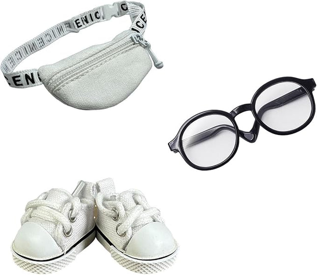 3pcs Doll Accessories Set Included Mini Glasses, Shoulder Bag and Canvas Shoes, Dress Up Accessories Replacement for 17cm Doll, Mini Costume Supplies for 6.7in Figures (Set of White)