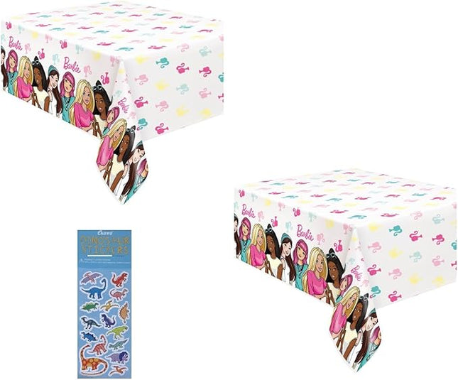 Unique Barbie Birthday Party Supplies Decoration Bundle Pack Includes 2 Plastic Table Covers and 1 Dinosaur Sticker Sheet
