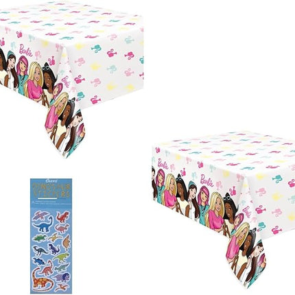 Unique Barbie Birthday Party Supplies Decoration Bundle Pack Includes 2 Plastic Table Covers and 1 Dinosaur Sticker Sheet