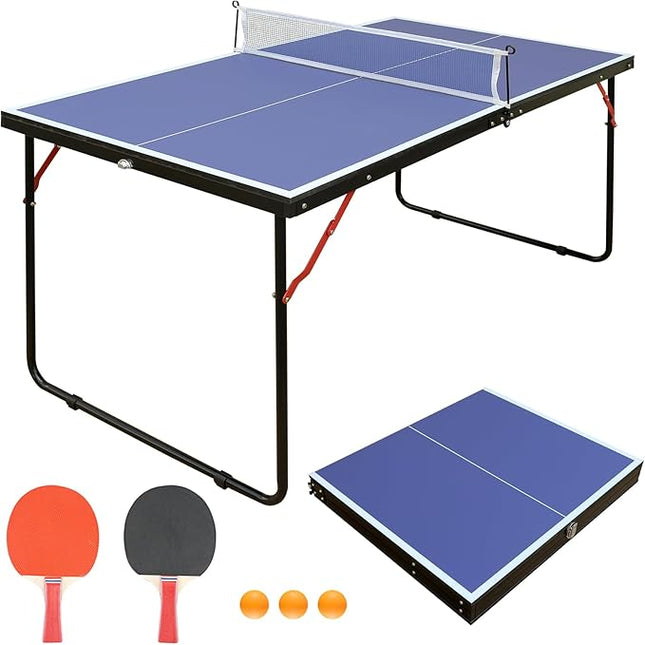 Table Tennis Table Mid-Size, Foldable Ping Pong Table Top Full Size with 2 Paddles, 2 Balls, 1 Net & 4 Wheels, Folding Table Tennis for Indoor & Outdoor, Quick Assembly to Support Multiplayer