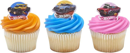 Hot Wheels™ Rings | 24 Epic Stunt Cupcake Toppers | DecoPac Hot Wheels Cars Cake Decorations, Multi-colored, Food Safe & Ready To Use - 24 Pack