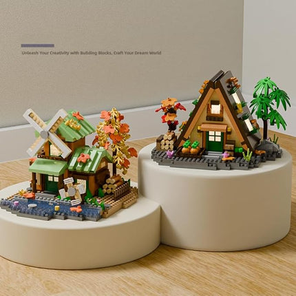 Forest Mini Wood Cabin Micro Building Set with LED Light Wooden Forest House Block Toy with Tree Log Stem Houses Construction Model for Adults Teens Birthday Gift