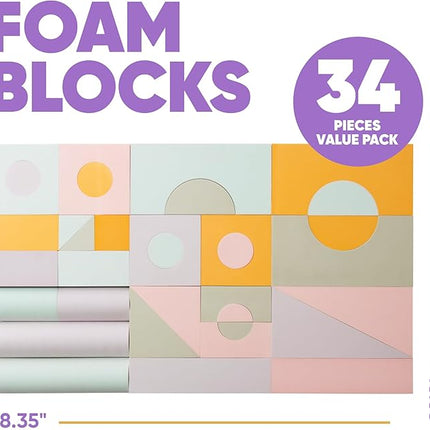 Set of 34 Jumbo Large Foam Blocks for Toddlers - Stacking Soft Blocks for Kids with Shapes & Colors Learning - Construction Building Preschool Toys - Giant Foam Bath Blocks for Toddlers 3-5 & above