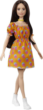 Barbie Fashionistas Doll #160 with Long Brunette Hair Wearing Patterned Orange Dress, White Shoes & Yellow Choker, Toy for Kids 3 to 8 Years Old